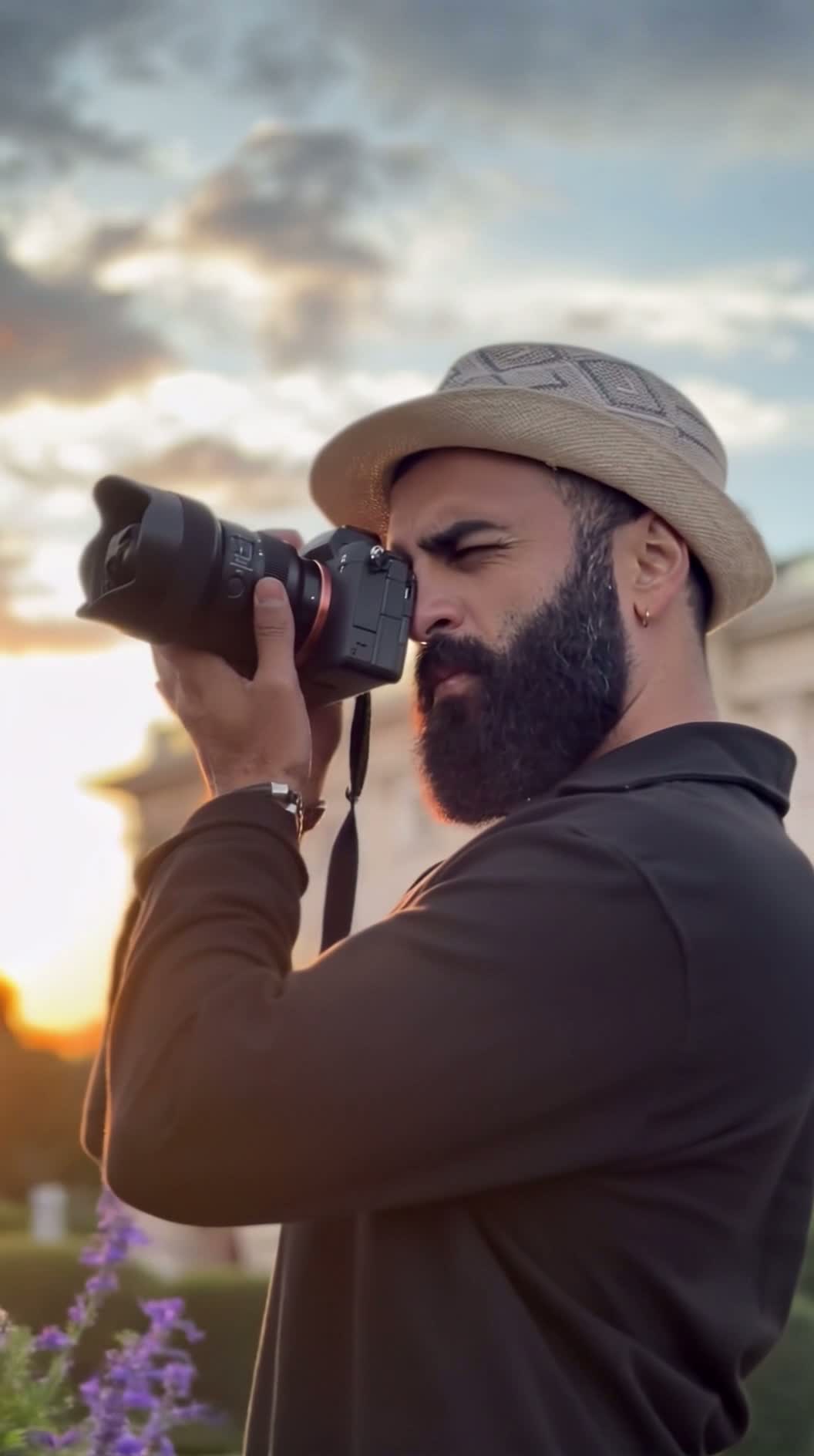 Kayvan photographing a scene at sunset